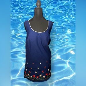 Vintage 80s Navy One-Piece Swim Dress with Floral Embroidery